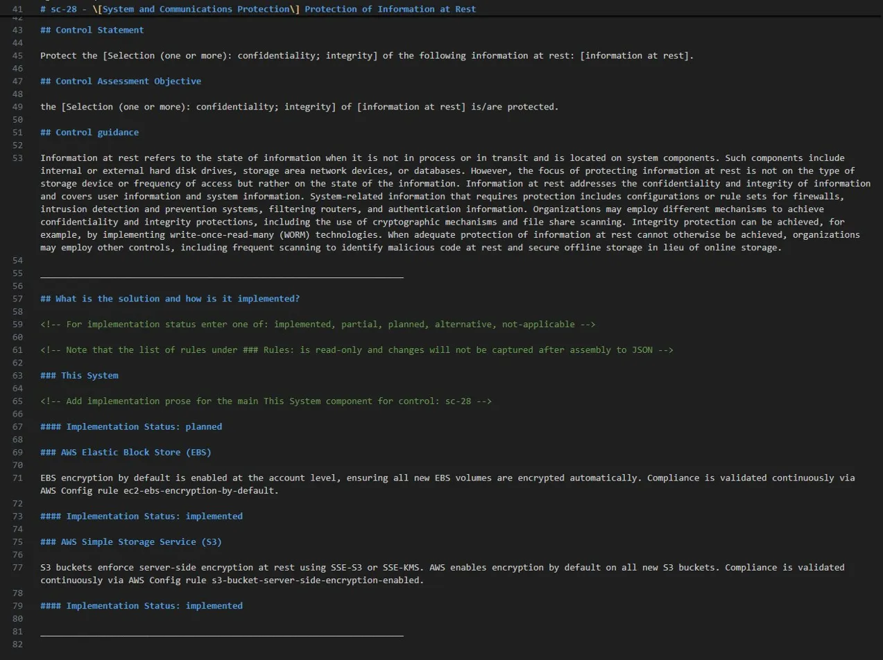 Generated SC-28 markdown showing inherited implementations from AWS S3 and EBS components